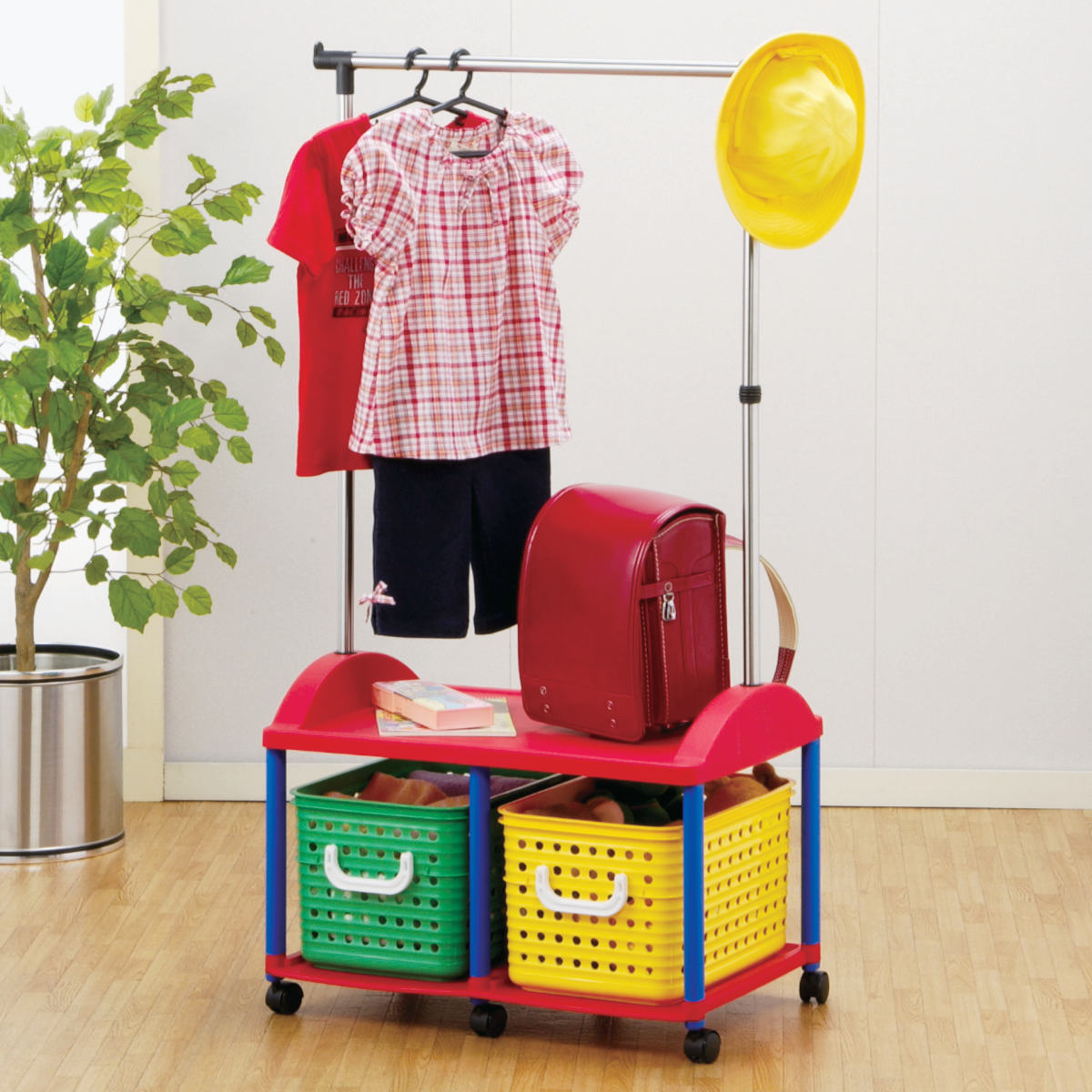 ハンガーラック 幅66cm キッズ収納 バスケット 2個付き ( ランドセルラック 洋服掛け おもちゃ箱 オモチャ入れ 収納 ポールハンガー 簡単組立 ラック ...
