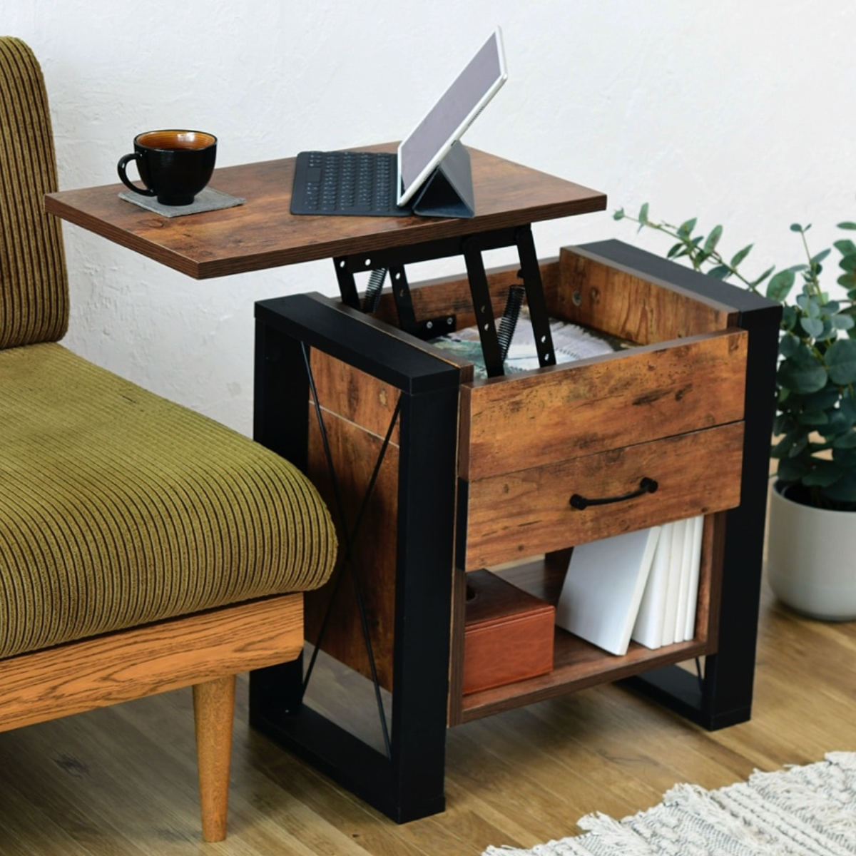 サイドテーブル 昇降式 高さ52.5〜64.5cm ヴィンテージ調 スチール （ 送料無料 テーブル ナイトテーブル コンソール ベッドテーブル 幅50cm 収納 高さ調節 引き出し付き コンパクト 木目調 北欧 ナチュラル おしゃれ ）