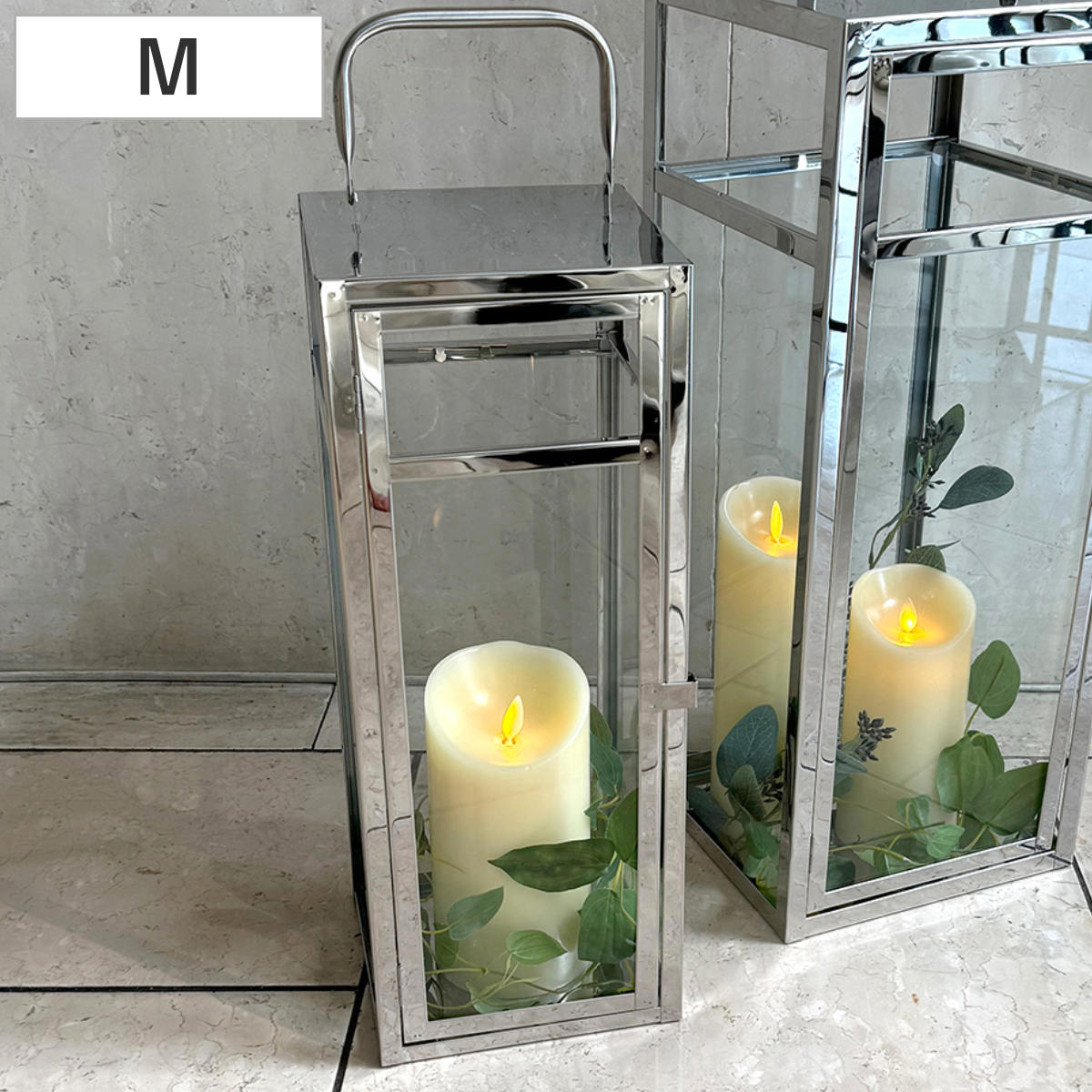 ディスプレイケース シルバーランタン M ガラス キャンドル （ 大型ランタン インテリア キャンドルラ..