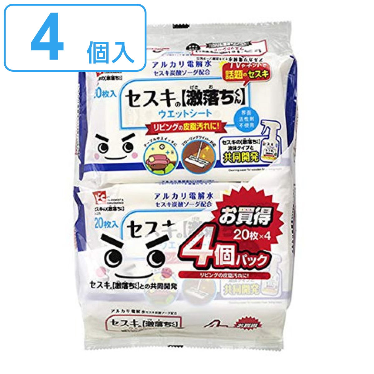 激落ちくん セスキ激落ちシート 20枚入×4個セット ( ウェットシート 消臭 除菌 フローリング アルカリ電解水 レック 激落ち 床掃除 掃除用品 掃除グッズ おそうじシート )