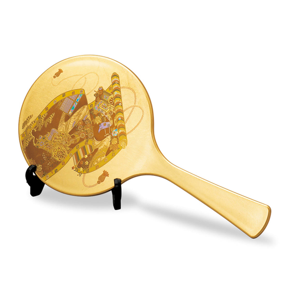 手鏡 雅手鏡 中 スタンド付 箔工 千年絵巻 山中塗 和風 （ 和柄 ミラー かがみ 鏡 ハンドミラー 山中漆器 金箔 蒔絵 漆芸 スタンド コンパクト 小さい かわいい 身だしなみ インテリア小物 メイク直し メイク鏡 インテリア ）