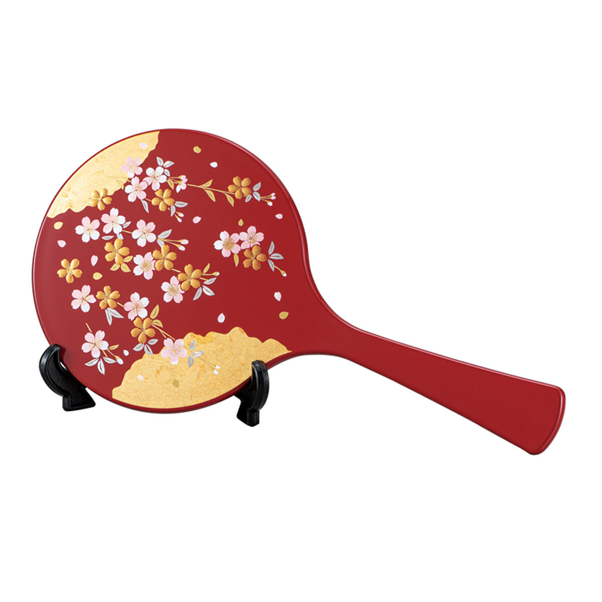 手鏡 雅手鏡 中 スタンド付 箔工芸 祥雲桜 山中塗 和風 （ 和柄 ミラー かがみ 鏡 ハンドミラー 山中漆器 金箔 蒔絵 漆芸 桜 スタンド コンパクト 小さい かわいい 身だしなみ インテリア小物 メイク直し メイク鏡 インテリア ）