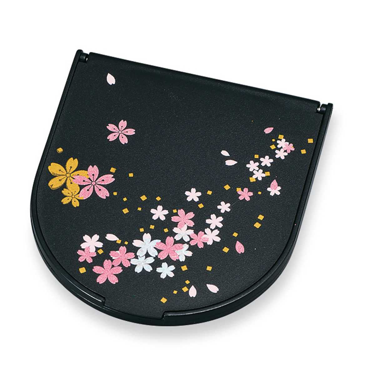 コンパクトミラー 半月コンパクトミラー 黒 桜さくら 山中塗 和風 （ ミラー 手鏡 コンパクト おしゃれ 折りたたみ 携帯用 小さい 小さめ 鏡 ハンドミラー かわいい 拡大鏡 持ち運び ラウンド 四角 角型 大人 レトロ 身だしなみ ）