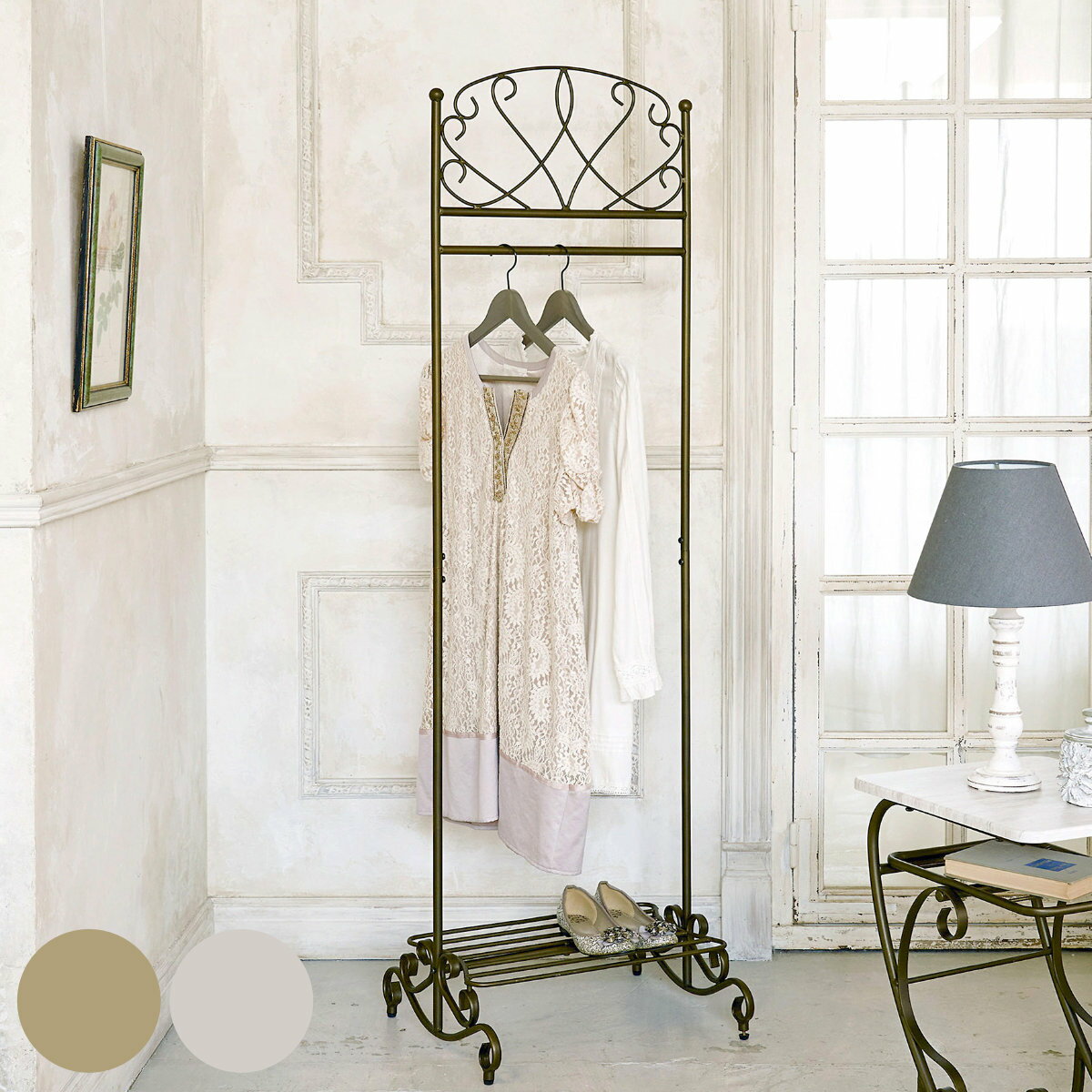 ハンガーラック Celestia セレスティア ハンガースタンド （ コートハンガー 棚 コート掛け 収納 ラック 省スペース ハンガー アジャスター付 玄関 アンティークゴールド ホワイト ）