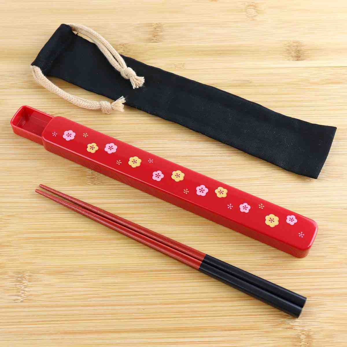 巾着付き箸箱セット 21cm 梅 ( 箸 箸箱 お箸 はし箱 セット 木製 巾着袋 お弁当用 携帯箸 女子 21センチ スライド式 天然木 弁当 お弁当 持ち運...