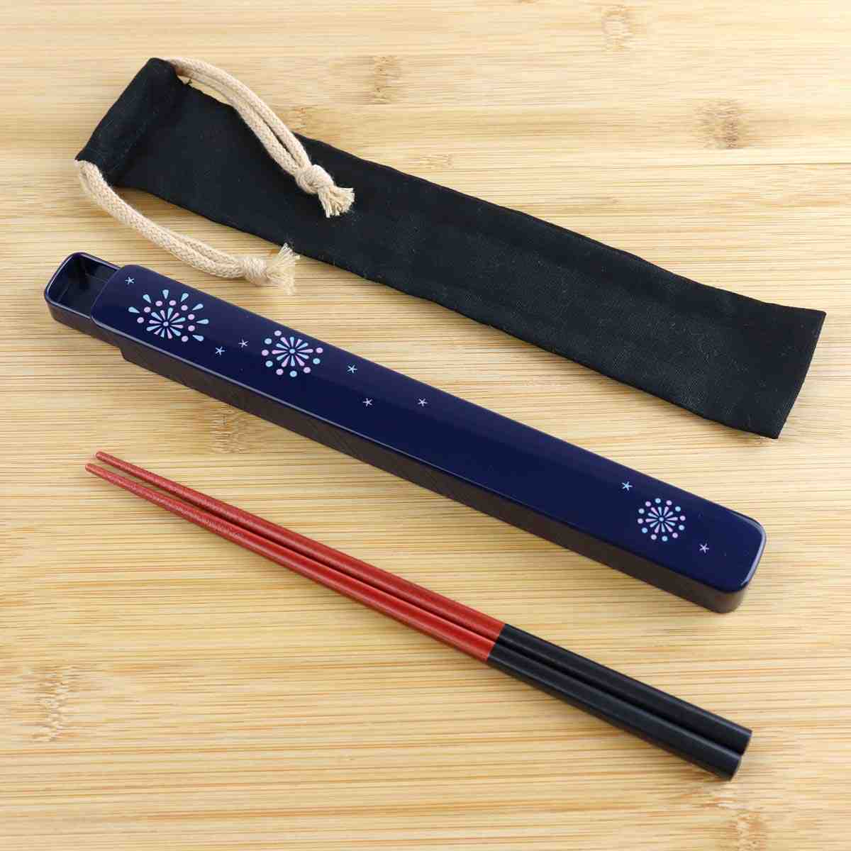 巾着付き箸箱セット 21cm 花火 ( 箸 箸箱 お箸 はし箱 セット 木製 巾着袋 お弁当用 携帯箸 女子 21センチ スライド式 天然木 弁当 お弁当 持ち...
