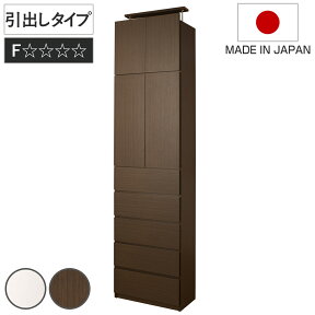 突っ張り 壁面収納 引出しタイプ キャビネット 幅60cm 耐震 日本製 （ 壁面家具 つっぱり 転倒防止 ハイグロス 大量収納 簡単設置 半完成品 F★★★★ 引出し 本棚 突っ張り家具 高さ230～253cm 可動棚 巾木除け 艶出し 木目調 ）