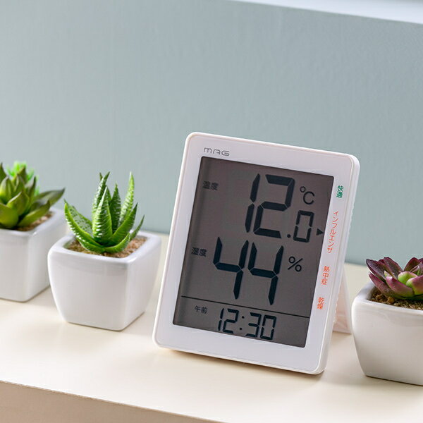 温湿度計 置き時計 デジタル温湿度計 時計付き （ 温度計 温湿計 湿度計 置時計 掛け時計 ウイルス対策 大きな文字盤 見やすい デジタル表示 快適 乾燥対策 熱中症予防 電池式 掛け 置き 両用 リビング ）