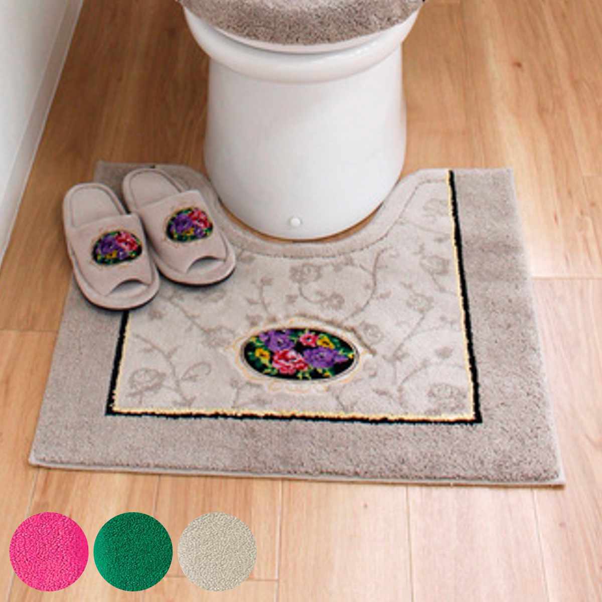 トイレマット シェニールロゼ 約60×63cm （ トイレ マット 足元マット 滑り止め 洗濯OK バラ ふかふか トイレタリー すべり止め 丸洗い 60×63 ウィルトン織り ピンク グリーン ベージュ ）