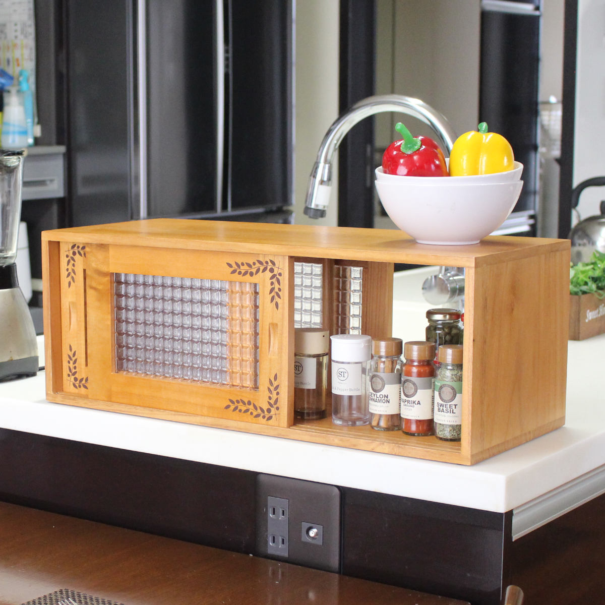 カウンター上収納 カウンター上収納庫 幅60cm リーフ柄 木製 （ 調味料ラック スパイスラック 卓上ラッ..