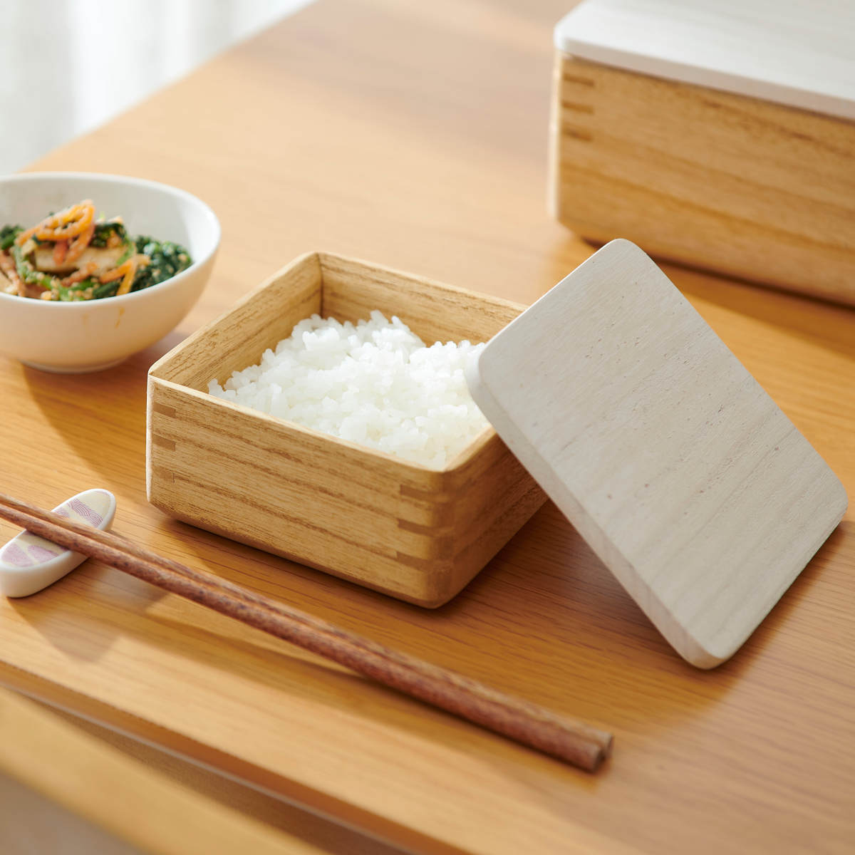 ごはん鉢 KIRISAI 桐のレンジでごはん鉢 （ おひつ お櫃 茶碗 食器 日本製 調湿 電子レンジ対応 冷凍 冷蔵 保存容器 ご飯 お米 白米 むし鉢 蒸し器 容器 レンジ調理 温め直し 美味しい コンパクト 正方形 スリム ） 3