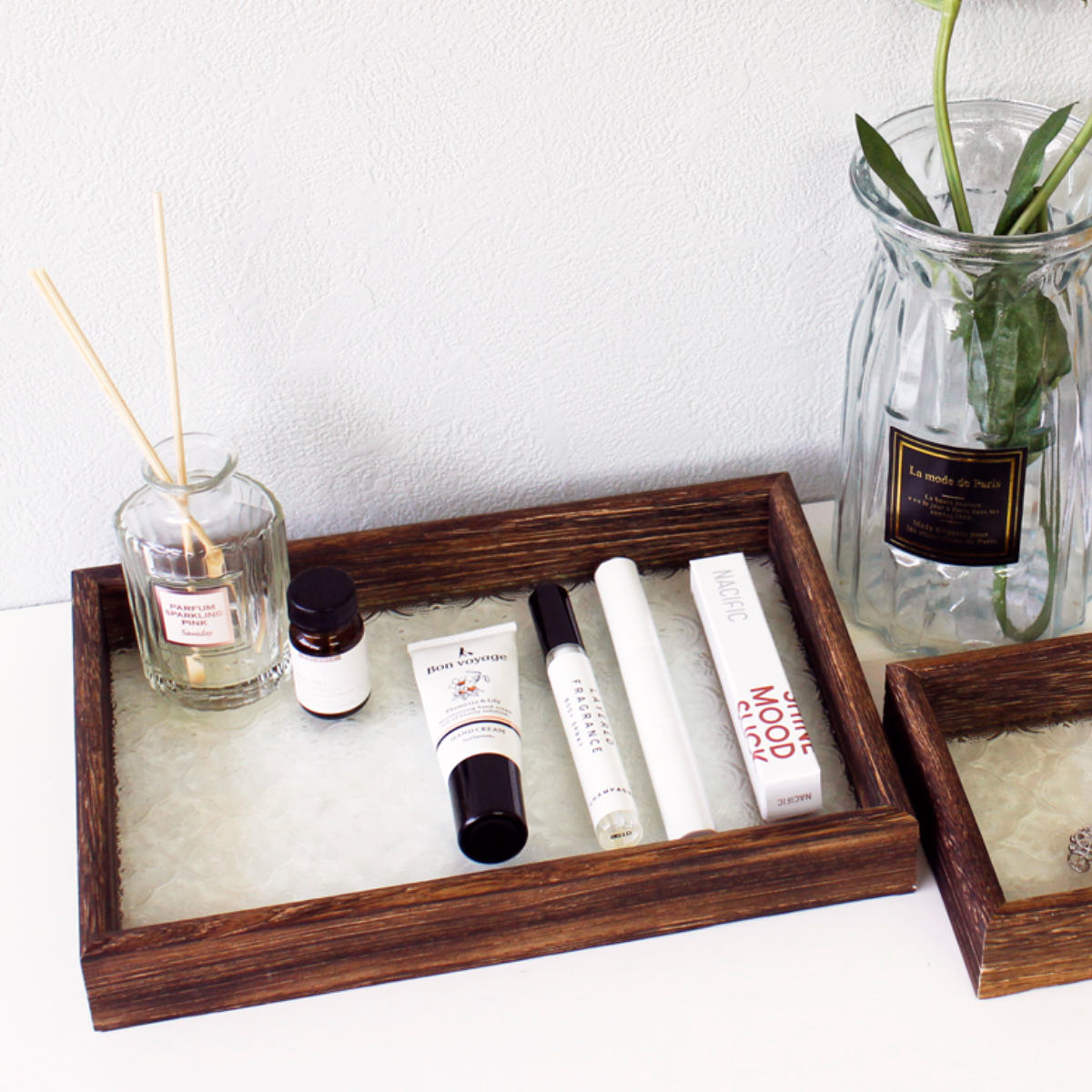 アクセサリートレイ ベゴニア レトロガラストレイ M ( アクセサリー トレー トレイ ガラス お盆 木製 おしゃれ ベゴニア柄 小物入れ 収納 レトロ 花柄 ...