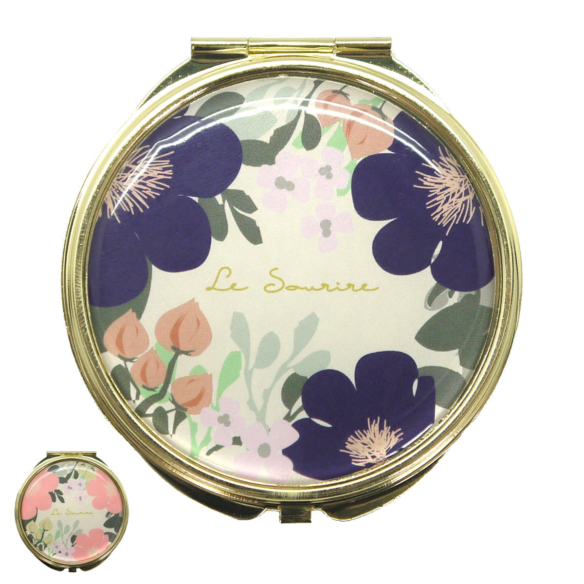 手鏡 両面 コンパクトミラー ルソイーユ （ 鏡 ミラー ダブルミラー 拡大鏡 日本製 小さめサイズ コンパクト 持ち運び 折りたたみ 花柄 フラワーネイビー フラワーピンク ）