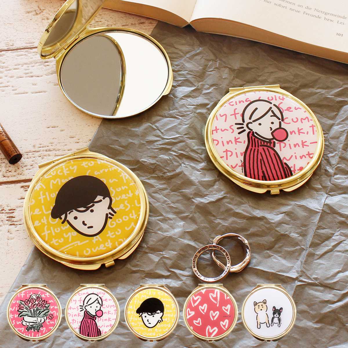 手鏡 両面 コンパクトミラー ルソイーユ ucaU （ 鏡 ミラー ダブルミラー 拡大鏡 日本製 小さめサイズ コンパクト 持ち運び 折りたたみ イラストレーター コラボ イラスト ユカユウ ）