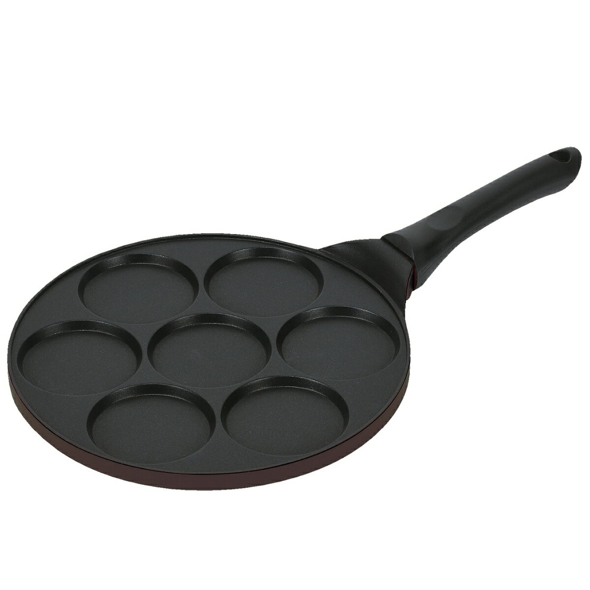 プレートに窪みがついている便利なフライパン。なんと１回の調理でミニパンケーキが７個も作れます。
焼くときも、今までのレシピや、手軽にホットケーキミックスなどを使って作ったパンケーキの生地を入れて焼くだけでOK！