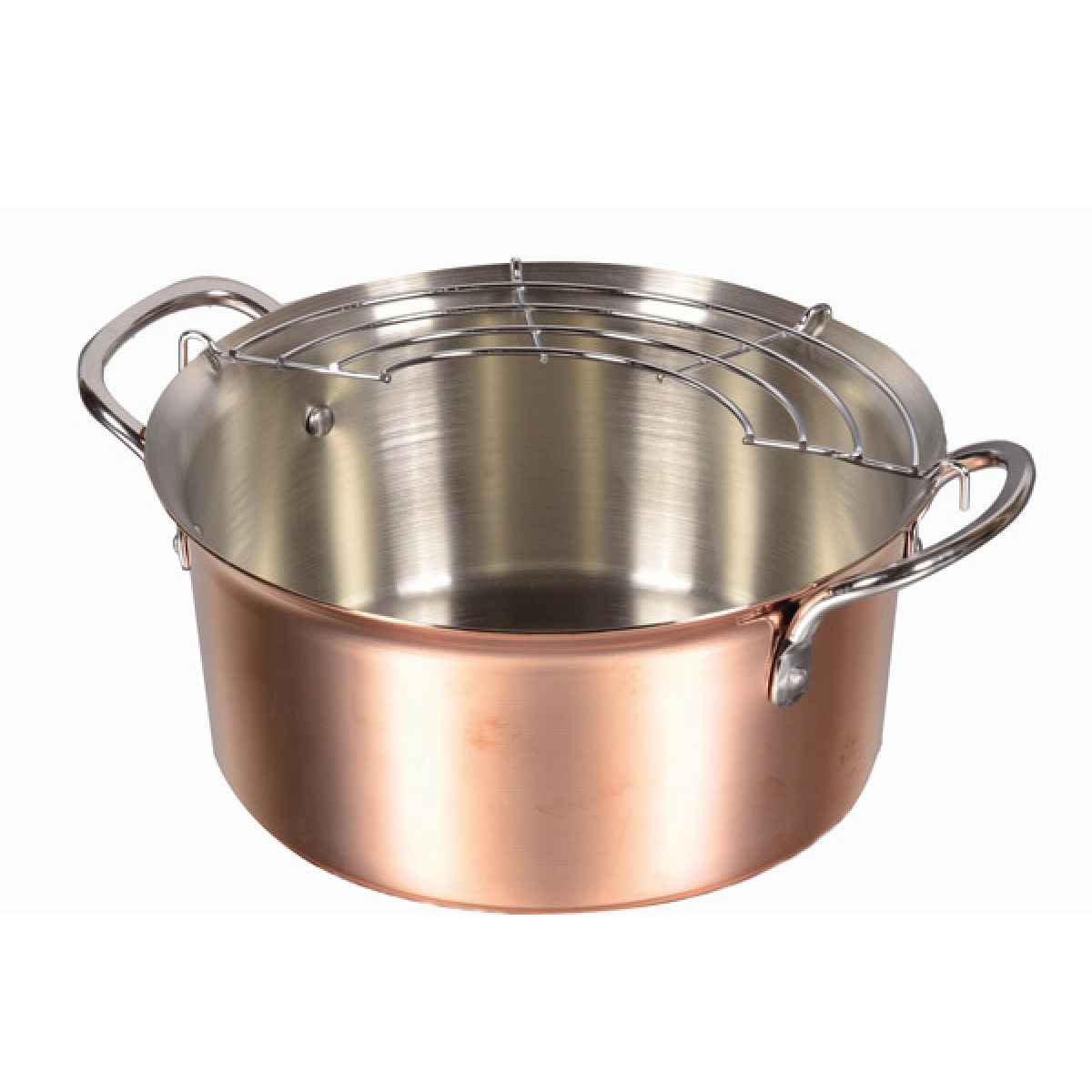 天ぷら鍋 14cm 銅製 ガス火専用 ミニサイズ （ 送料無料 ガス火 直火 専用 てんぷら鍋 フライ鍋 両手フライ鍋 網付き 14センチ 小さい ミニ 天ぷら フライ 揚げ物鍋 お弁当作り 調理器具 ）のサムネイル