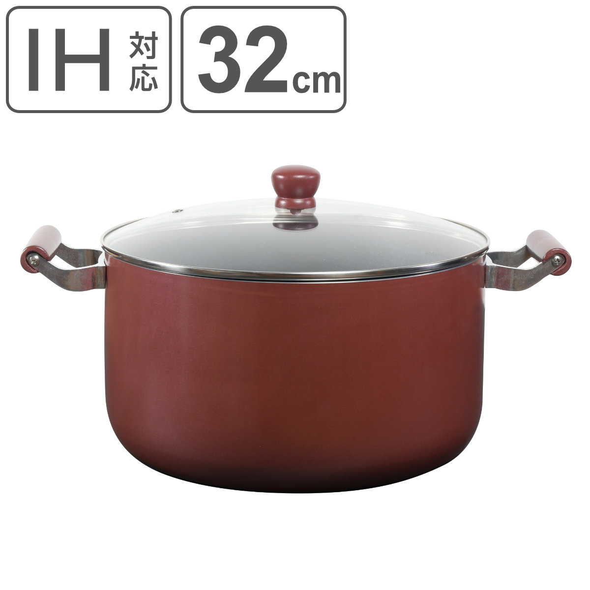 両手鍋 32cm 深型 IH対応 ガラス蓋付き ふっ素加工 メガサイズ （ ガス火対応 なべ お鍋 両手なべ ガラス蓋 蓋付き 軽い 大きい 32センチ フッ素コーティング アルミ製 軽量 ふた付き 大型鍋 大容量 ）のサムネイル