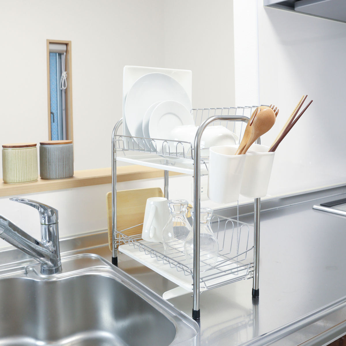 水切りラック リテラ ステンレス製 2段式 水切りバスケット スリム （ 水切りかご ステンレス 2段 シンク上 水切り 洗い物 食器 大容量 水切りカゴ 水受...