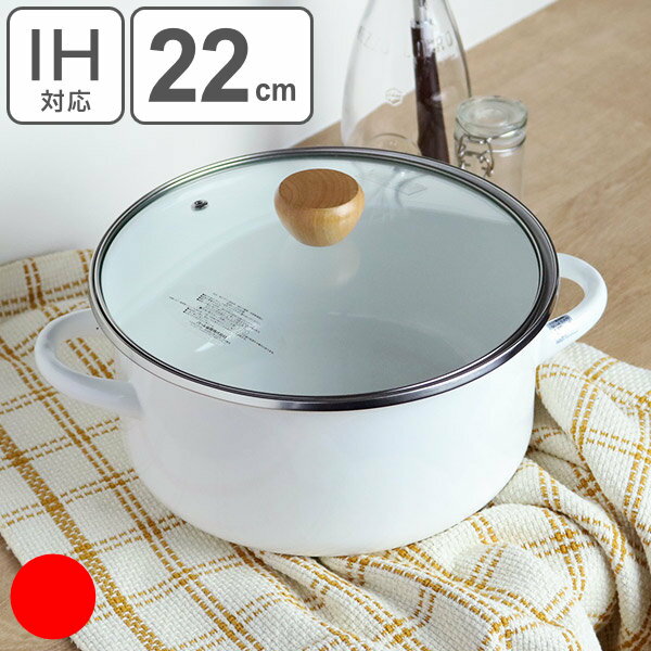 両手鍋 22cm IH対応 ホーロー 蓋付き アミュレット （ ガス火対応 直火 琺瑯鍋 22センチ ほうろう鍋 ガラスふた付き ホーロー鍋 北欧風 レトロ オール熱源対応 ）のサムネイル