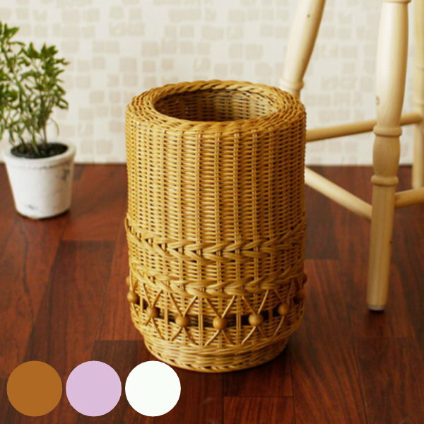 Rattan - 籐 筒形バスケット ごみカゴ 被せ蓋 fiore 直径20cm （ 送料無料 ゴミ箱 丸型 くず入れ コンパクト ダストボックス ごみ箱 収納 ラタン ラタン製 ボックス バスケット かご カゴ ナチュラル 白 ガーリー おしゃれ 可愛い かわいい ）