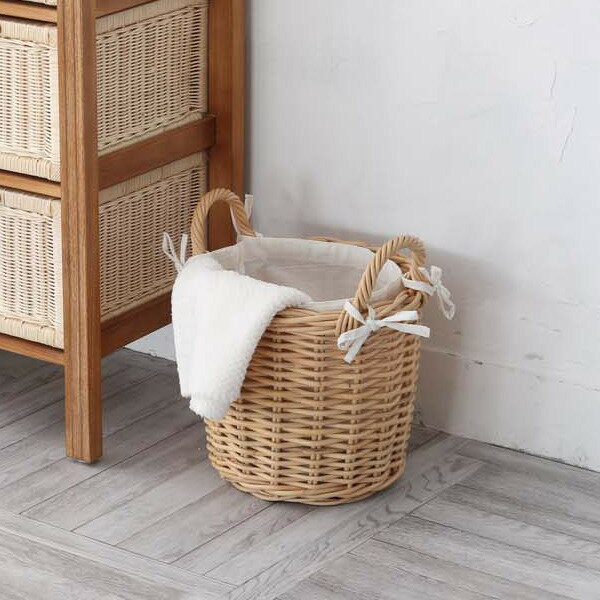 籐 バスケット 円型 持ち手付き 内布付 ラタン製 かご 約直径32cm （ 送料無料 カゴ 籠 脱衣かご 衣類 収納 ラタン 編み ランドリー 丸型 丸 衣類収納 タオル 脱衣 取手 持ち手 小物収納 プランターカバー ナチュラル おしゃれ ）のサムネイル