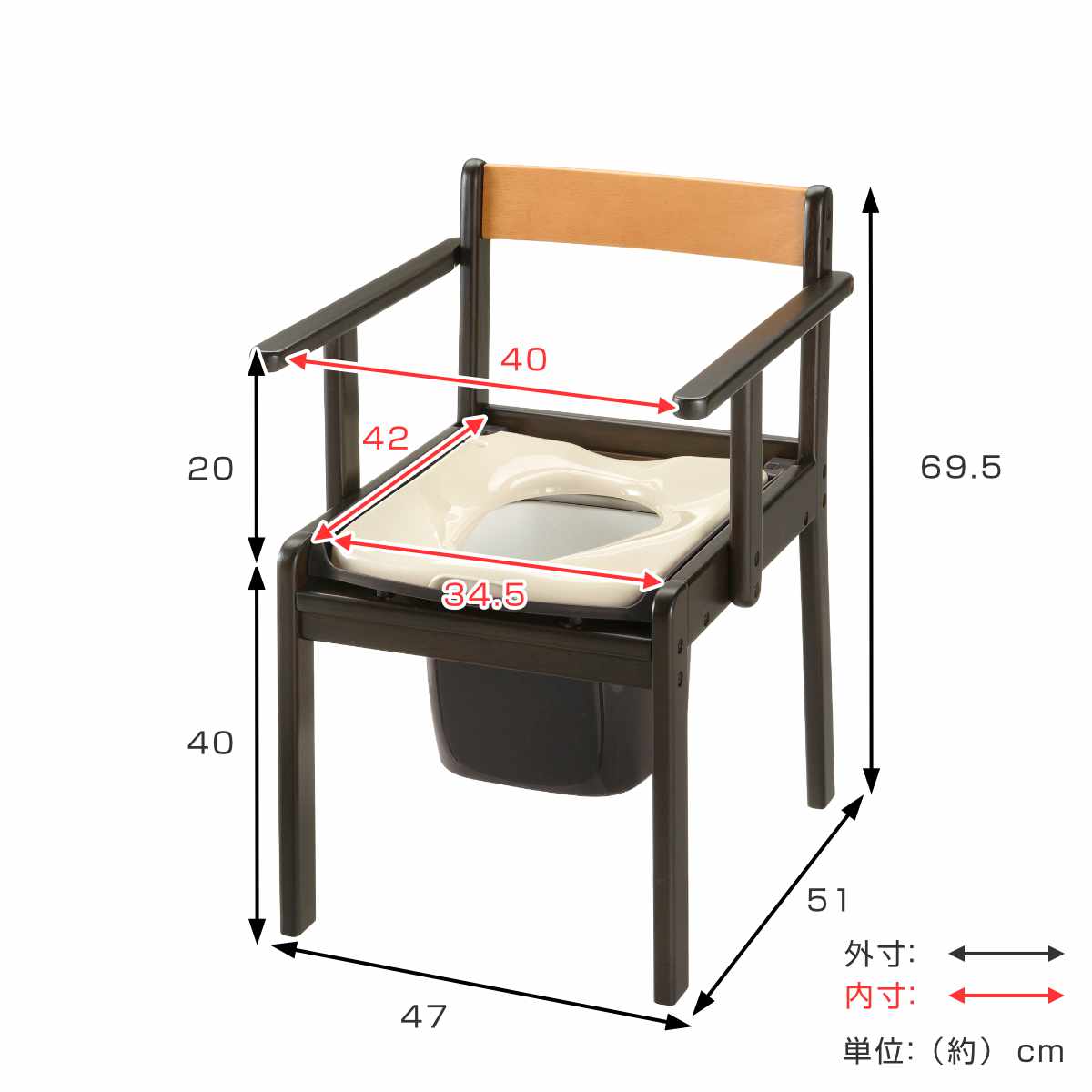 ポータブルトイレ 木製きらく 軽～いトイレ 普通便座 （ 介護 トイレ 介護用トイレ 簡易トイレ 排泄 コンパクト バケツ付き 介護用 リッチェル 木製 背もたれ 肘置き 蓋付き 高齢者 自助具 排泄介助 介護用品 インテリア ） livingut-10243038 リビングート 楽天市場店 サンプル画像2