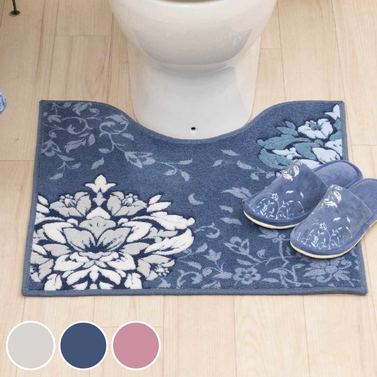 トイレマット DECORMUSEEプレシャス 約60×60cm （ トイレ マット 足元マット すべり止め 抗菌 防臭 洗濯可 日本製 トイレタリー 滑り止め 洗える 60×60 花柄 紋章柄 ブルーグレー ネイビーブルー ピンク ）