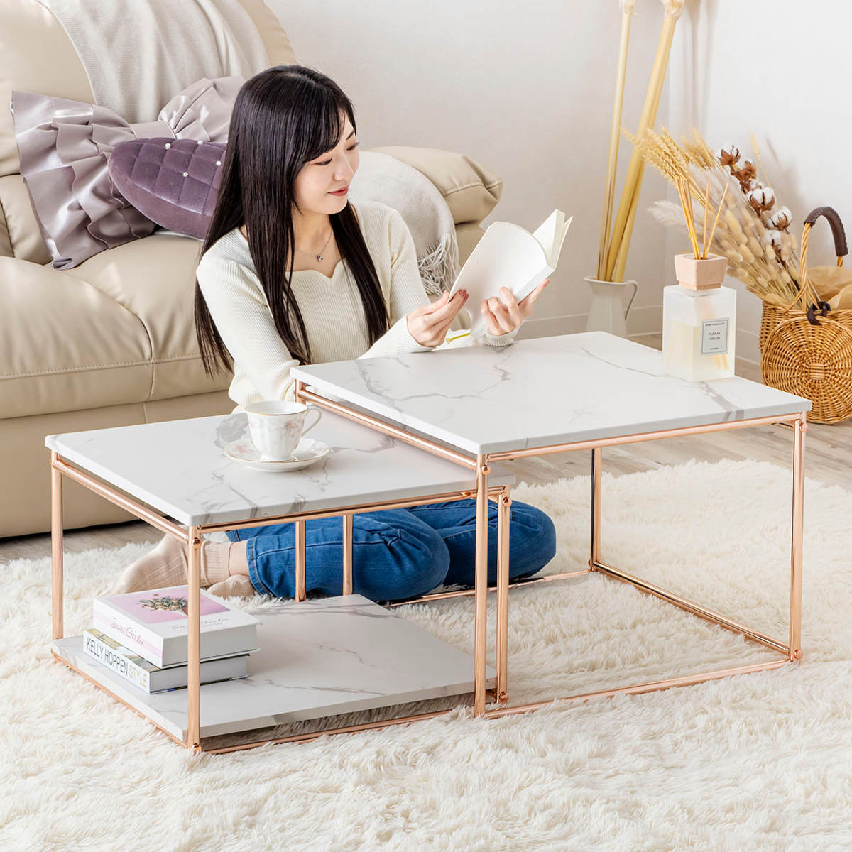 センターテーブル ネストテーブル 幅55cm 幅49cm （ ローテーブル テーブル 大 小 2点セット 大理石柄 長方形 ピンクゴールド メッキ 脚 フェミニン エレガント 高級感 ）