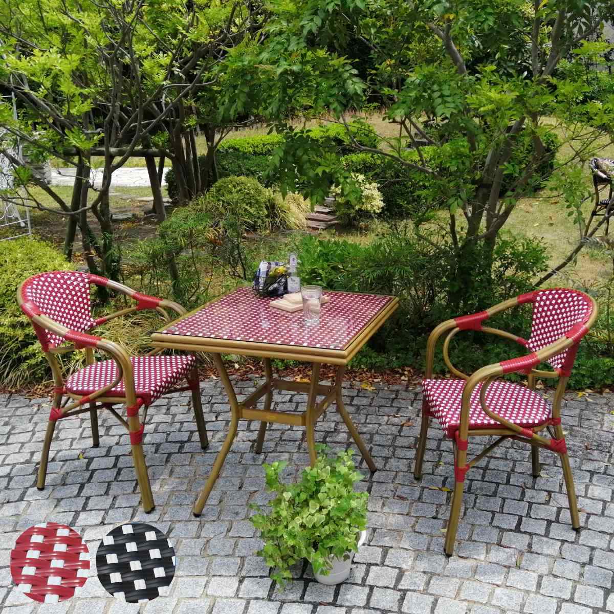 テーブル 3点セット プレジール スクエア （ ガーデンテーブル ガーデン 庭 四角 長方形 机 ガラス天板 ガラス 強化ガラス カフェ チェア セット モダン アンティーク調 バルコニー アジャスター ラタン風 ）