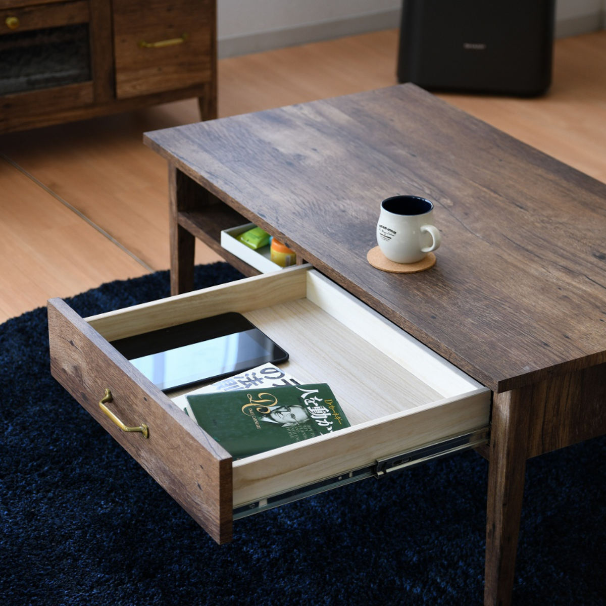 センターテーブル 引出し付 レトロ調 幅100cm ( リビングテーブル ローテーブル テーブル 収納 完成品 ヴィンテージ調 木目調 リビング ) [2]