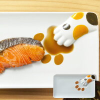 プレート どろぼう猫魚プレート 三毛猫 皿 仕切り皿 磁器 食器 （ 食洗機対応 醤油皿 電子レンジ対応 絵柄 仕切り お皿 醤油 長角皿 角皿 ねこ 猫 ネコ みけねこ 肉球 おもしろ 陶器 焼き魚 刺身 刺身皿 和食器 ）