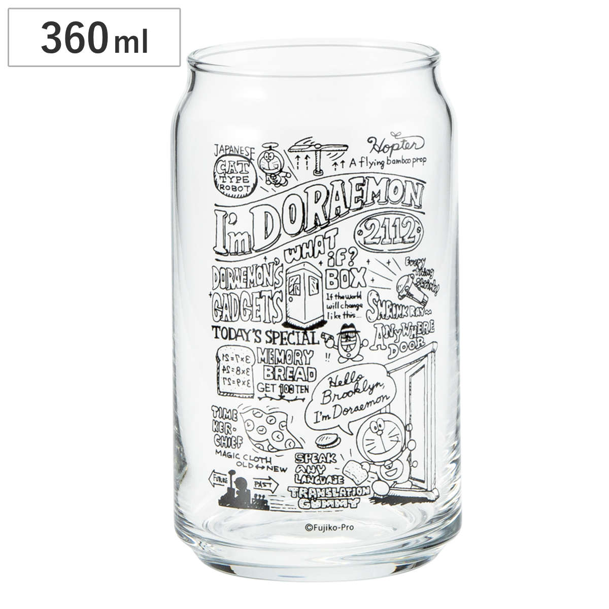 글라스 360ml 캔형 글라스 도라에몽 (유리 일본제 컵 텀블러 캐릭터 귀여운 캔 디자인 캔풍 흑백)