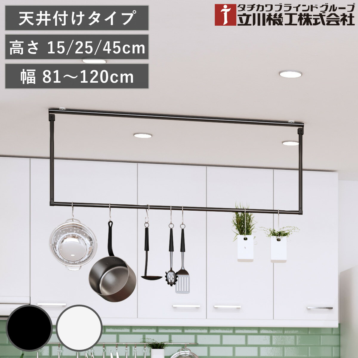 サイズ本体：約 幅81～120×高さ15/25/45（cm）ポール直径：19（mm）内容量1台材質フレーム：アルミ押出し形材サイドブラケット：スチール鋼板メインポール：スチール鋼管ポールスペーサー・L型ポールジョイント：樹脂成型品取付けブラケット：樹脂・ステンレス組立状態お客様組立品区分返品・キャンセル区分（不可）立川機工 室内物干しバー 天井付けタイプ サイズオーダー 幅81～120cm 高さ15cm・25cm・45cm マルチハンガー フリーハング タイプ2おすすめポイント自由なアイデアで「掛ける」を楽しむ天井に取り付けるだけで空間を立体的に活用できるマルチハンガーです。ランドリースペース、リビング、ワードローブなど、設置場所を選ばず、ライフスタイルに合わせた使い方が可能です。欲しいサイズでオーダーできる1cm単位でオーダーできるので、備え付けのように空間に馴染むのが嬉しいポイントです。使わない時にも圧迫感の出にくいシンプルなデザインで、インテリアの一部として自然に溶け込みます。見せる収納でお部屋を彩る洋服を掛けられるのはもちろん、グリーンを掛けたり、ドライフラワーや照明を吊るしたり、季節の小物や押しグッズを飾るなど、自分らしい心地よい空間を演出できます。商品詳細たっぷり掛けられる耐荷重10kg耐荷重10kgなので、4人家族相当の洗濯物（1.5kg×4人）を掛けられます。カラーシリーズ紹介天井付けタイプ幅40～80cm天井付けタイプ幅81～120cm【▲このページの商品】壁付けタイプ幅40～80cm壁付けタイプ幅81～120cm関連キーワード：洗濯物干し ランドリー ハンガーラック ランドリーバー ポールハンガー 部屋干し 衣類 収納 衣類収納 洋服 洋服収納 天吊り 吊り下げ インテリア 洗面所 ランドリールーム バスルーム 脱衣所 リビング クローゼット オシャレ お洒落 スタイリッシュ クール シンプル しんぷる 無地 DIY リフォーム 模様替え 新築 新居 注文住宅 施主支給 新生活 引っ越し 引越し おすすめ オススメ 人気 洗濯用品 洗濯グッズ ランドリーグッズ ランドリー用品 部屋干しグッズ 幅81 81cm 幅120cm 120cm 奥行15cm 奥行25cm 奥行45cm ぶらっく 黒 くろ ほわいと 白 しろ LH20642関連商品はこちら立川機工 室内物干しバー 天井付けタイプ サイ10,180円立川機工 室内物干しバー 壁付けタイプ サイズ10,280円立川機工 室内物干しバー 壁付けタイプ サイズ9,380円室内物干し TOSO 幅90×高さ60cm ハ17,280円室内物干し TOSO 幅90×高さ47cm ハ16,580円室内物干し TOSO 幅90×高さ27cm ハ15,680円室内物干し TOSO 幅90×高さ17cm ハ15,180円室内物干し TOSO 幅278×高さ60cm 29,180円室内物干し TOSO 幅278×高さ47cm 28,180円室内物干し TOSO 幅278×高さ27cm 26,780円室内物干し TOSO 幅178×高さ60cm 26,280円室内物干し TOSO 幅278×高さ17cm 26,180円
