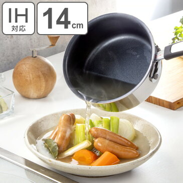 片手鍋 14cm IH対応 ガラス蓋付き ストリール ステンレス アルミ フッ素加工 ( ガス火対応 深型 アルミニウム 2層構造 ふた付き フタ付き ステンレス鍋 14センチ なべ フランジ加工 フッ素樹脂加工 ステンレス製 オール熱源対応 )