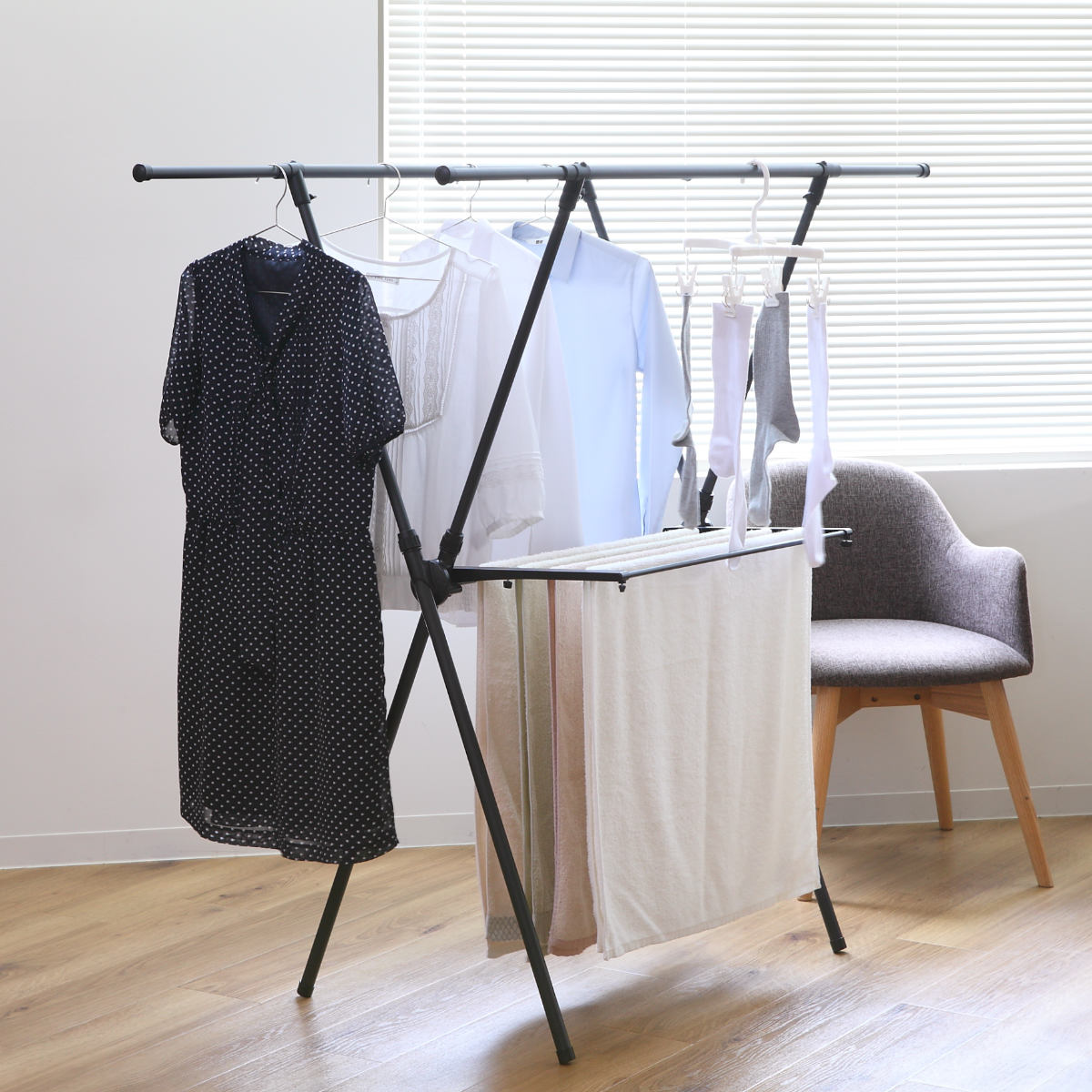 物干し 室内 ブラック ポーリッシュ 伸縮室内物干し X型 ( PORISH ハンガー 伸縮 インテリア物干し 物干しスタンド 洗濯 ランドリー 衣類 フェイス...