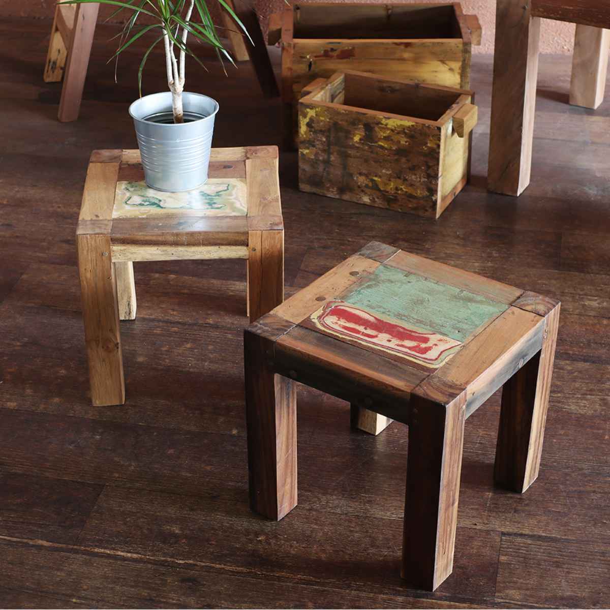 スクエアスツール ボート古材 高さ30cm 木製 （ 送料無料 スツール イス 椅子 小さい ミニチェア 正方..