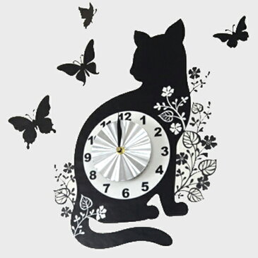 ウォールクロックステッカー ウォールステッカー 時計 猫 バタフライ Wall Clock Sticker ( ウォールクロック キャット ステッカー シール デコレーション ウォールデコ 壁デコ モノトーン おしゃれ シンプル 蝶 )