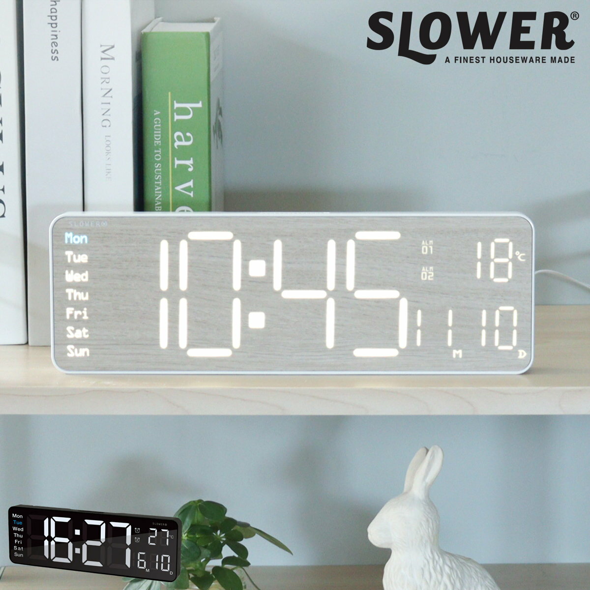 置き時計 LED デジタル時計 リモコン付き 置き掛け兼用 SLOWER リコ リコウッド （ 温度計 カレンダー USB LED時計 置き 掛け 輝度調節 卓上時計 日付 曜日 温度 コンパクト おしゃれ スヌーズ アラーム 木目調 大画面 ）