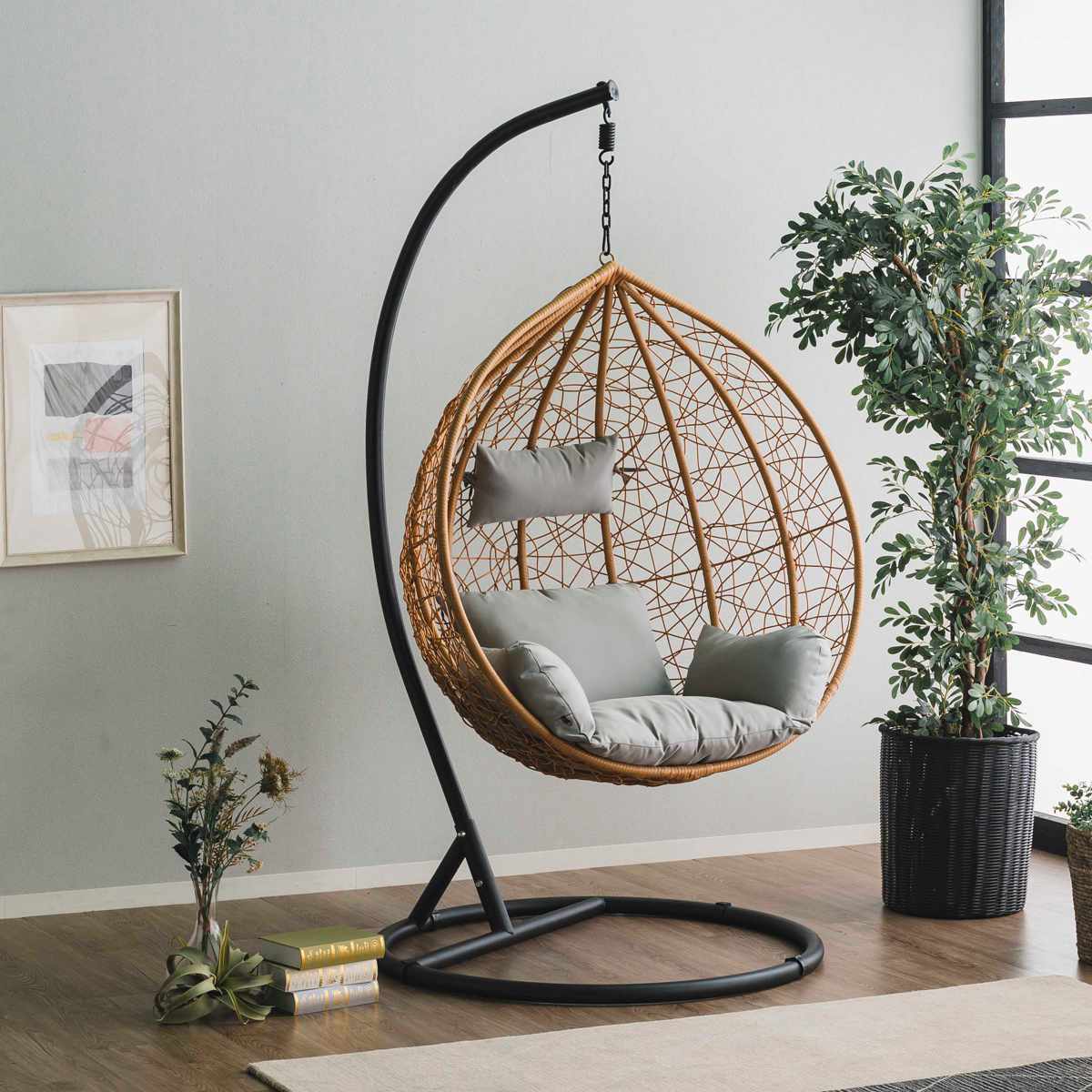 ハンギングチェア 1人用 ラタン調 マーレ （ エッグチェア 吊り下げ式 たまご型 クッション付き 自立 ..