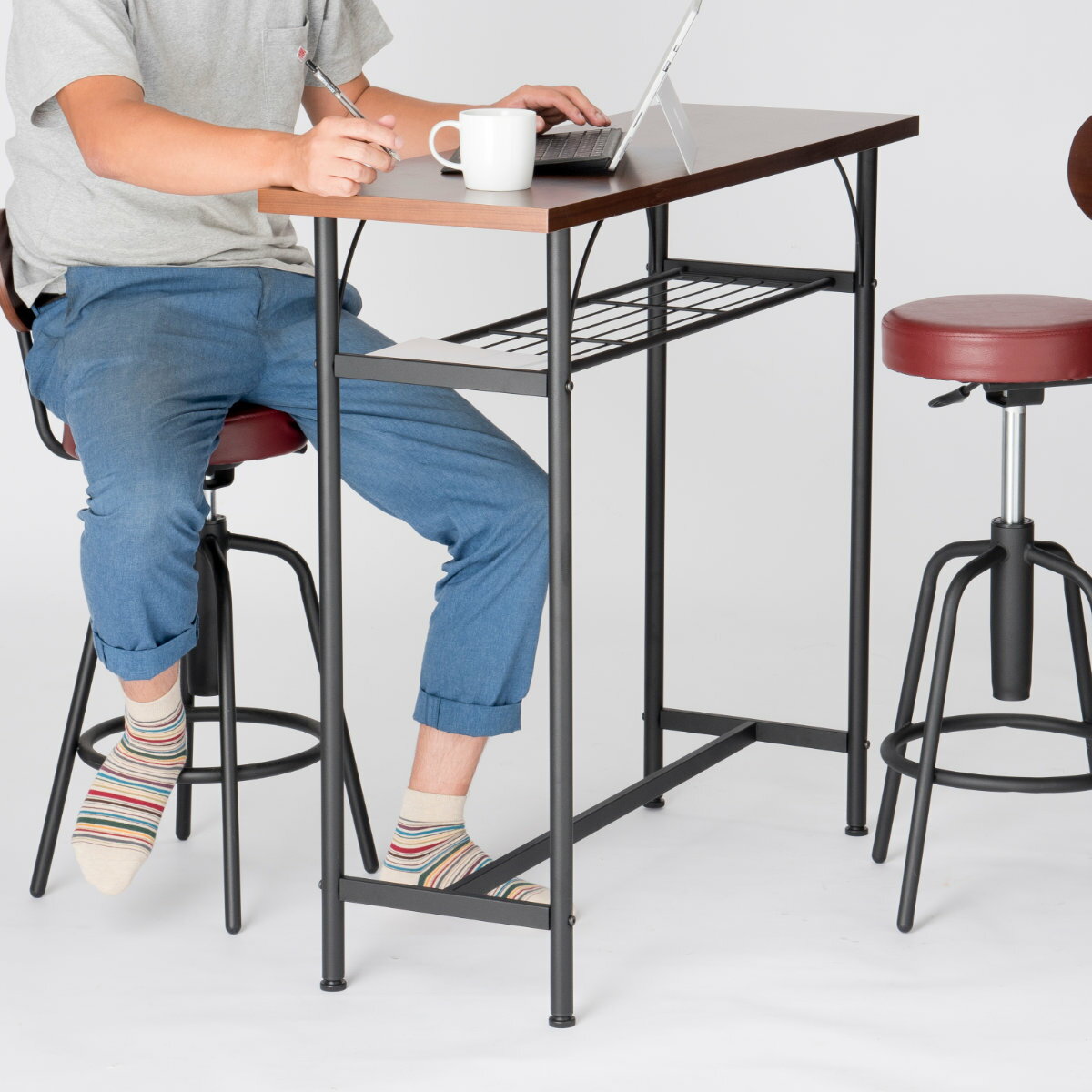 カウンターテーブル 幅100cm 奥行35cm ラック スチール脚 （ キッチン ハイテーブル バーテーブル テーブル カウンター 作業 台 簡易デスク 収納 棚 木目調 ウォールナット ダイニング カフェ風 おしゃれ ヴィンテージ調 ）