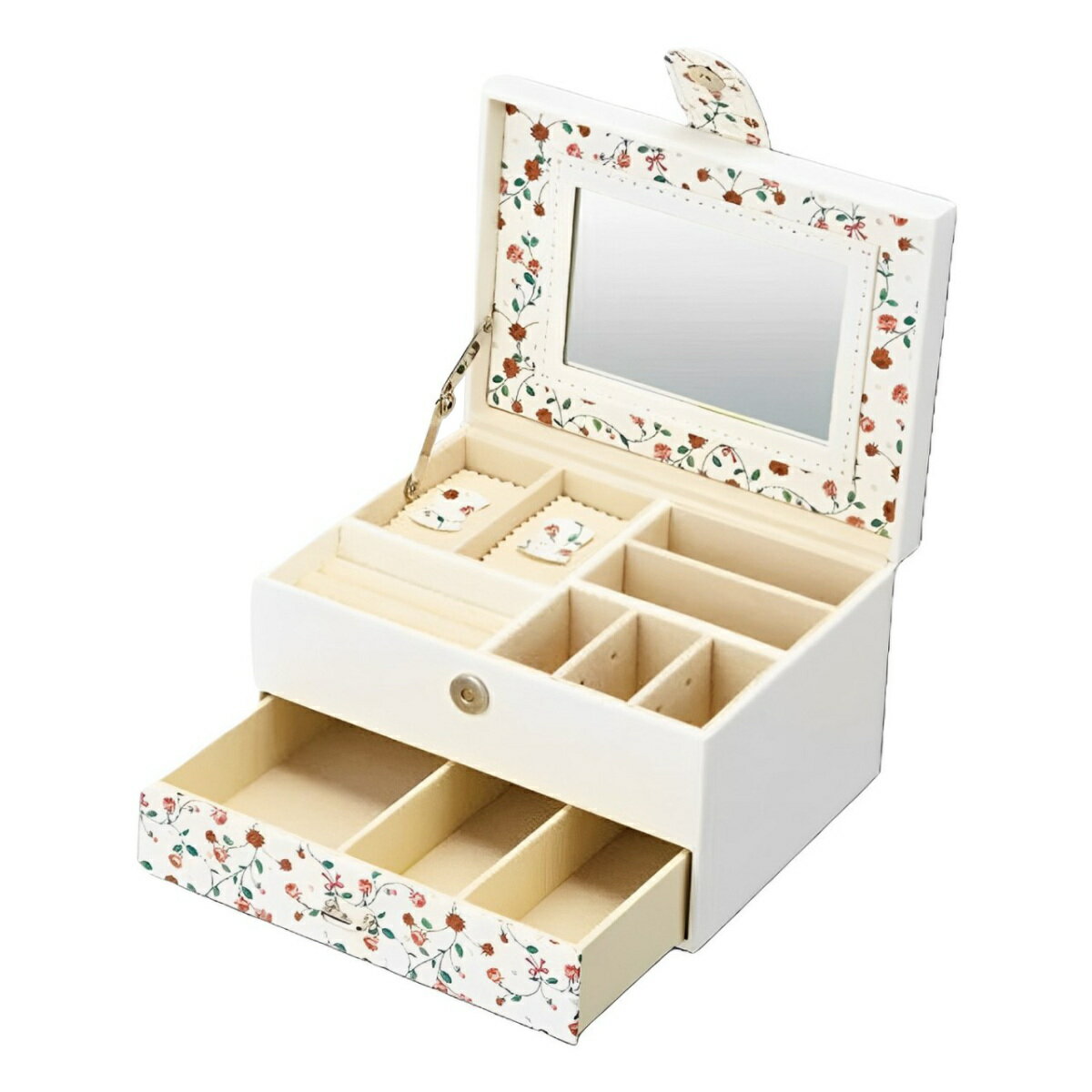 アクセサリーケース フラワー ジュエリーボックス Mサイズ 引き出し （ 幅18×奥行13×高さ11cm レザー調 収納 アクセサリートレー ミラー付き ボックス 宝石箱 ネックレス リング ピアス 指輪 かわいい 花柄 イヤリング 2段 ）