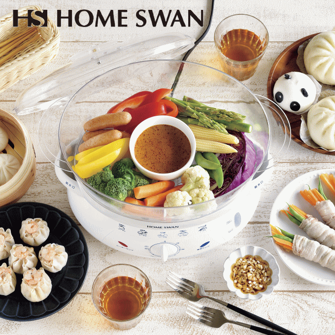 HOME SWAN スチームクッカーの解説 食材の旨みをUP！ 蒸し料理を電気で簡単に 60分タイマー付 レシピ付 HOME SWAN スチームクッカーの詳細 品番 SSC-70 商品サイズ (約) 34×24×24.5cm 重量 (約) 1,500g 材質 容器・水タンク・受け皿・ヒータリング/ポリプロピレン、蒸し器・ふた/PC樹脂、ヒーター/アルミダイキャスト タンク容量(約) 最高水量:1100ml 最低水量:300ml 仕様 AC100V-600W(50/60Hz) 電源コード長/約1.4m 生産国 中国 キーワード スチームクッカー 蒸し器 スチーム フードスチーマー 蒸し料理 電気 おしゃれ SSC-70 手軽 簡単 タイマー付 レシピ付 ホワイト 卓上 コンパクト 1人暮らし メーカーカタログ メーカー希望小売価格はメーカーカタログに基づいて掲載しています(pdfファイル)