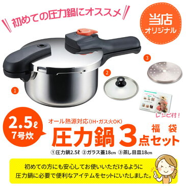 圧力鍋 3点セット 2.5L 圧力なべ IH対応 ガス火OK ステンレス製 片手 圧力鍋 H5434SET おすすめ セット レシピ本 ガラス蓋 蒸し目皿付 圧力切替式 2.5リットル 18cm 4合炊き パール金属 圧力鍋 ih対応 在宅勤務 テレワーク応援