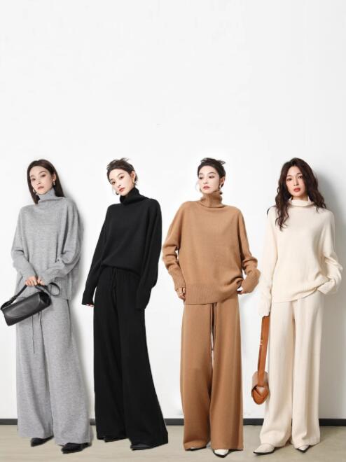 ニットセットアップ レディース パンツスーツ 2点セット 秋冬 ニットトップス ワイドパンツ ハイネック 長袖 ロング ニットパンツ ゆったり 体型カバー 着痩せ ボトムス 無地 シンプル おしゃれ きれいめ カジュアル 大人 可愛い