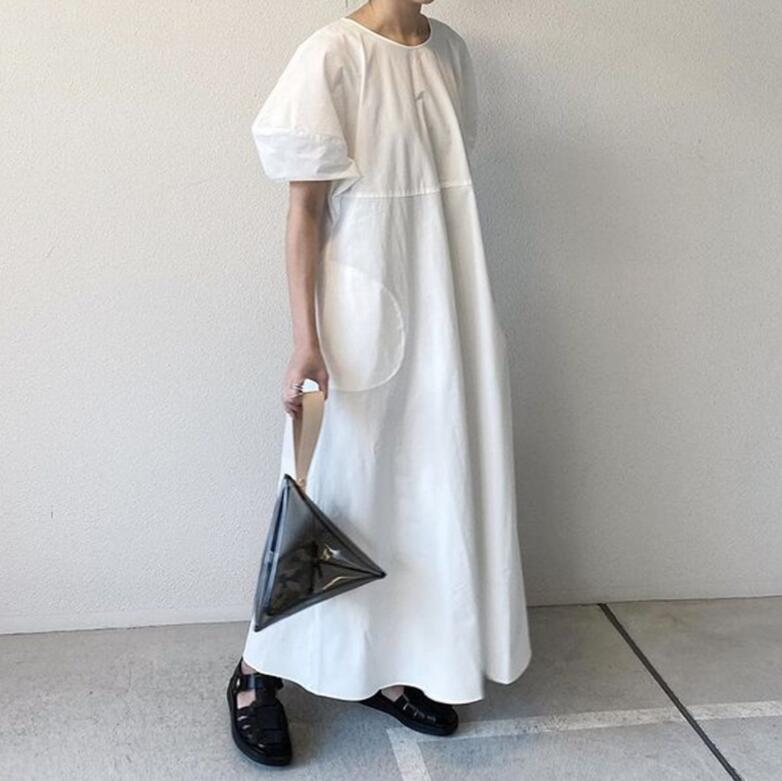 ボリュームスリーブワンピース マキシ丈 ワンピース ワンピース 綿麻 リネンワンピース クルーネック パフスリーブ 無地 シンプル 袖バルーン シンプル