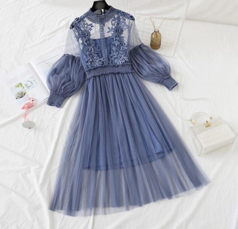 全4色 レースワンピース 2点セット「ワンピース+キャミ」 長袖 パーティードレス シースルー 刺繍 袖あり ドレス ロングドレス レディース バルーン袖 春ワ...