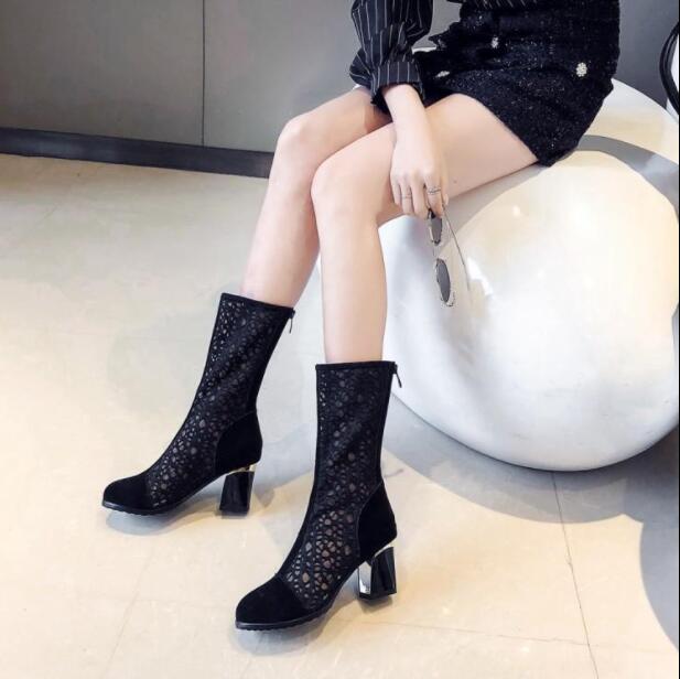 サマーブーツ　ブーツサンダル　ロングブーツ　サンダル　太ヒール　夏　シースルー　6.5センチヒール　透かし　レディース靴　夏ブーツ 疲れない靴 サマーブーツ