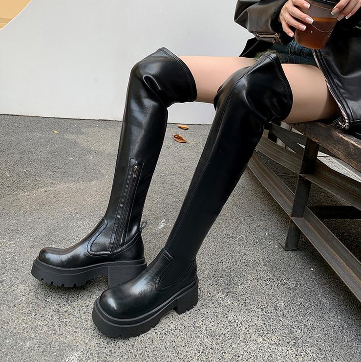 ロングブーツ ニーハイブーツ　エンジニアブーツ ストレッチ 厚底ブーツ 美脚　レディース ニーハイブーツ 厚底ブーツ 黒 ブラック BLACK 大きいサイズあり 無地 細見せ 防寒 おしゃれ 痛くない 疲れにくい シンプル