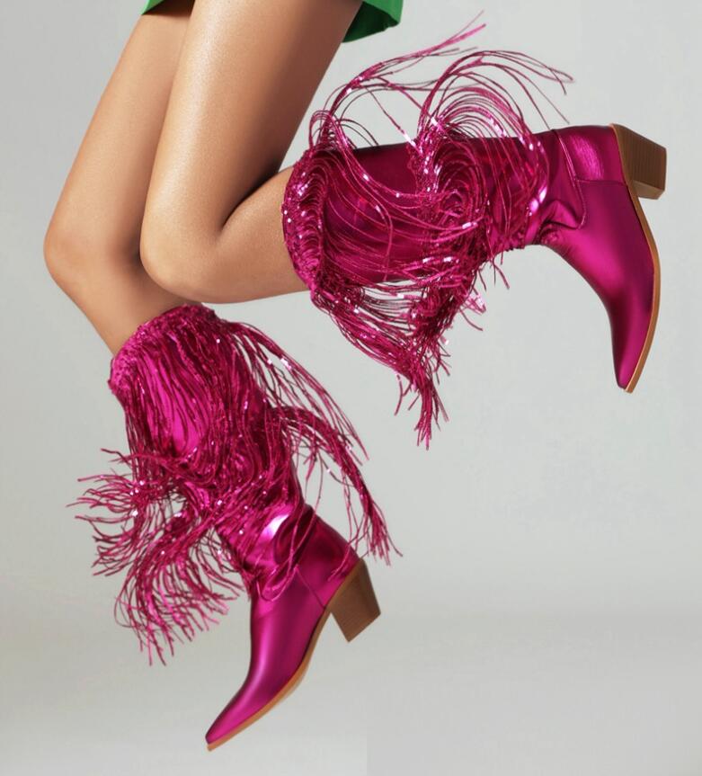 レディースブーツ　ロングブーツ　ダンスブーツ　ジョッキーブーツ　キラキラ　フリンジ付き　暖かい　..