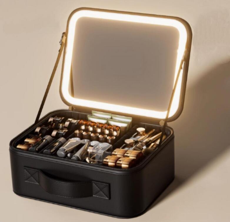 メイクボックス 鏡付き ライト付き 大容量 持ち運び おしゃれ 間仕切り 3色調光 メイク 収納 コスメボックス 化粧ボックス 化粧品 ケース 小物入れ アクセサリー ボックス セミハードメイクボックス LED 旅行 メイクポーチ
